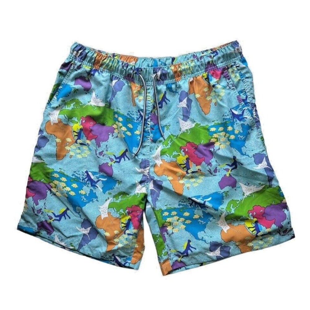 Peter Millar Crown Swim Trunks Men's XL Blue Ocean Map Print Seaside Board Short